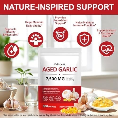 Odorless Garlic 7500Mg per Servings, 300 Softgels | 2 Years Aged Garlic Extra…