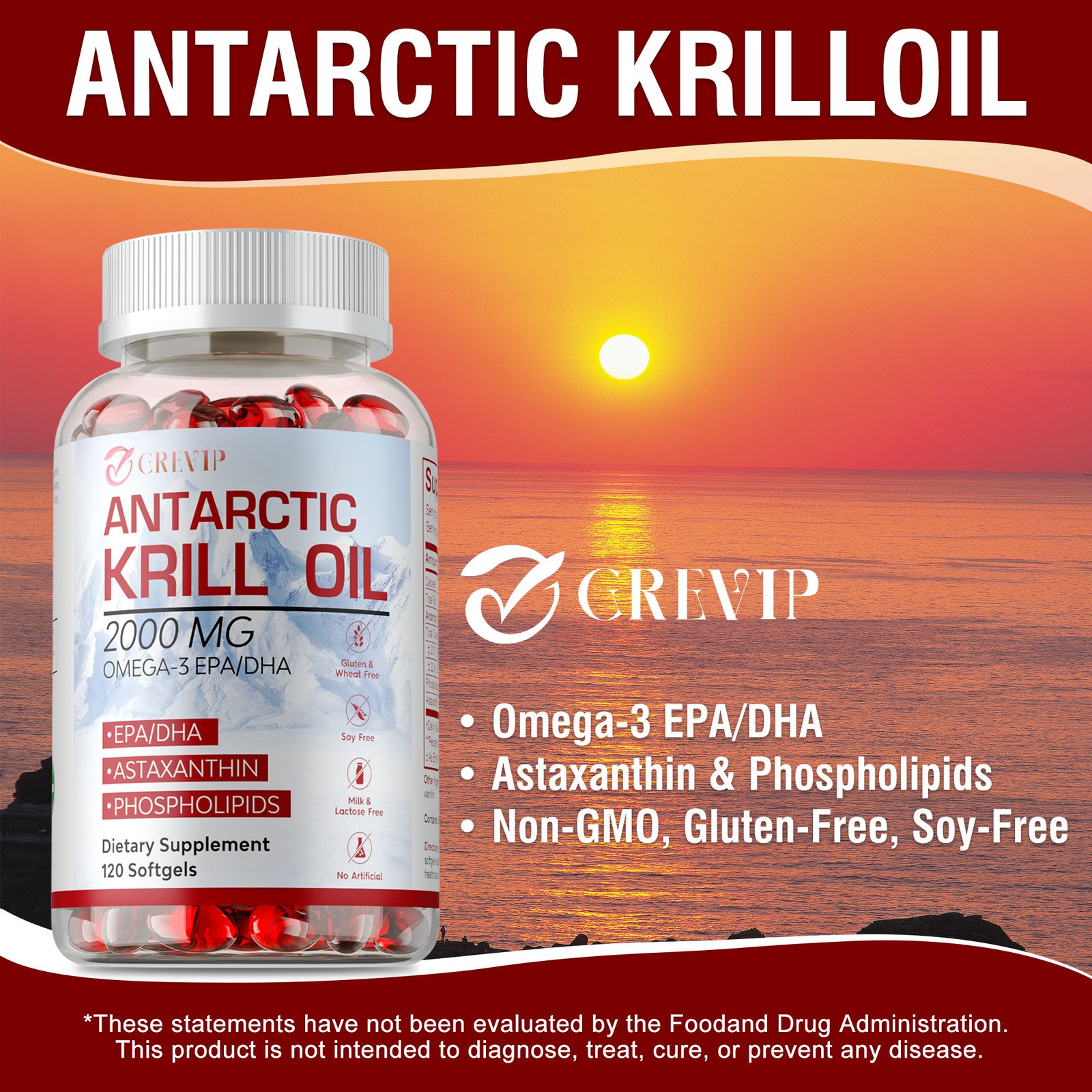 Antarctic Krill Oil 2000mg – Omega 3 EPA, DHA,Astaxanthin- Joints & Heart Health