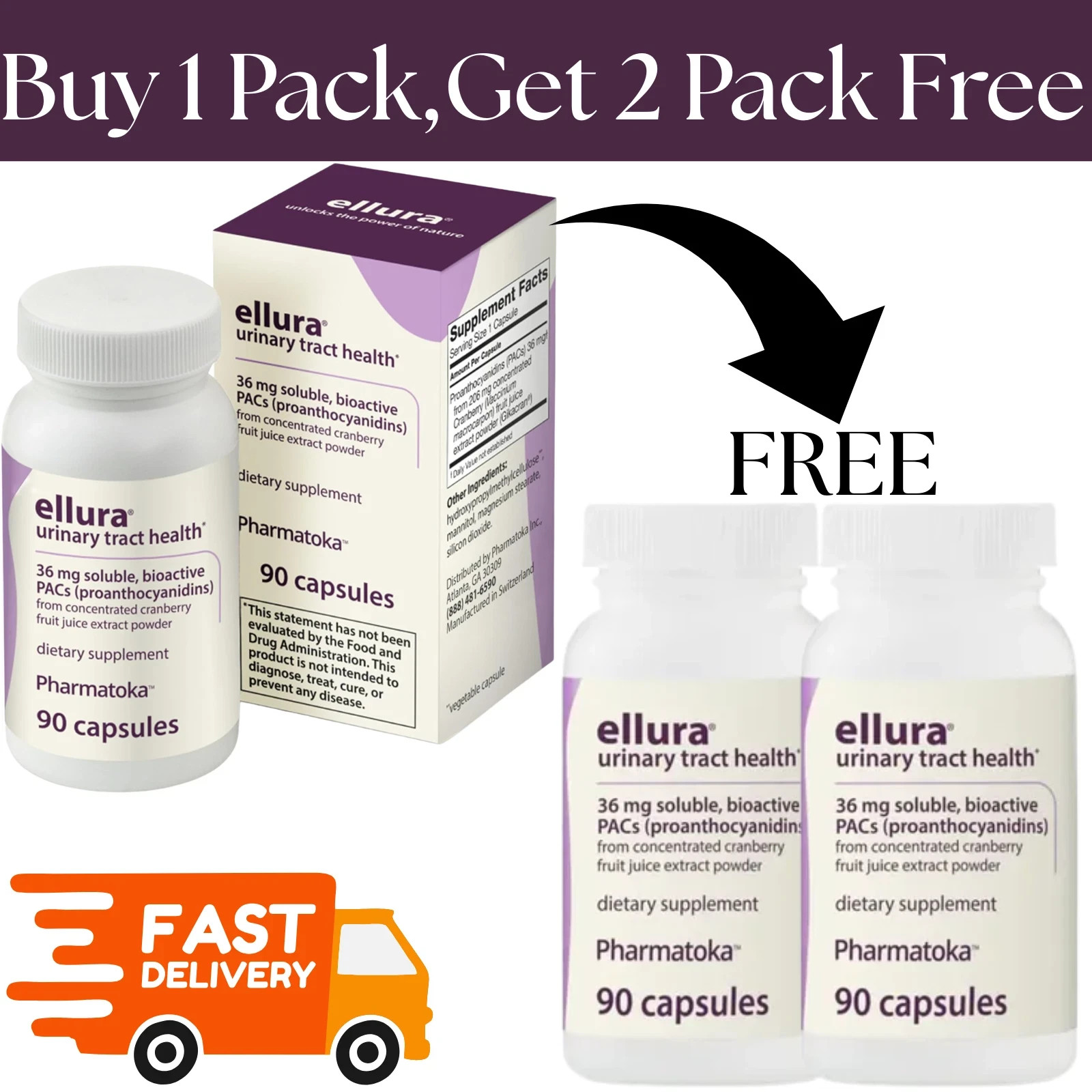 3 Pack Ellura 36mg Cranberry Capsules 90ct UTI Support Supplement Urinary Health