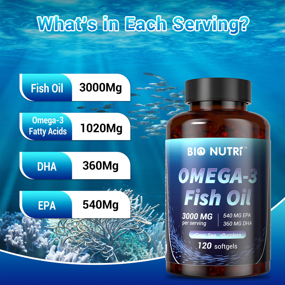 Triple Strength Omega 3 Fatty Acids 3000mg Fish Oil 120 Softgels W/ EPA DHA Lot