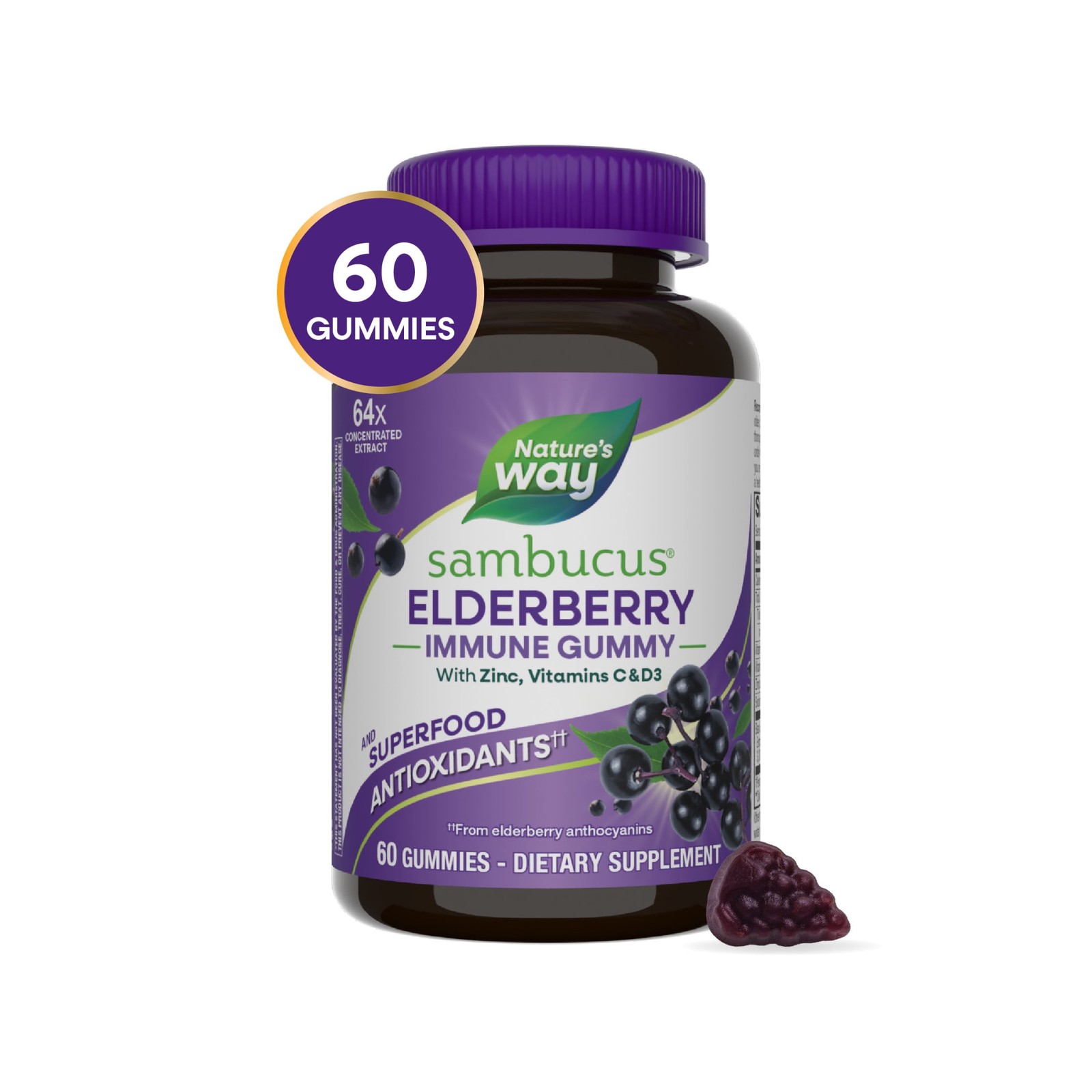 (2 pack)Sambucus Elderberry Immune Gummies, with Vitamins C, D3, & Zinc, Unisex