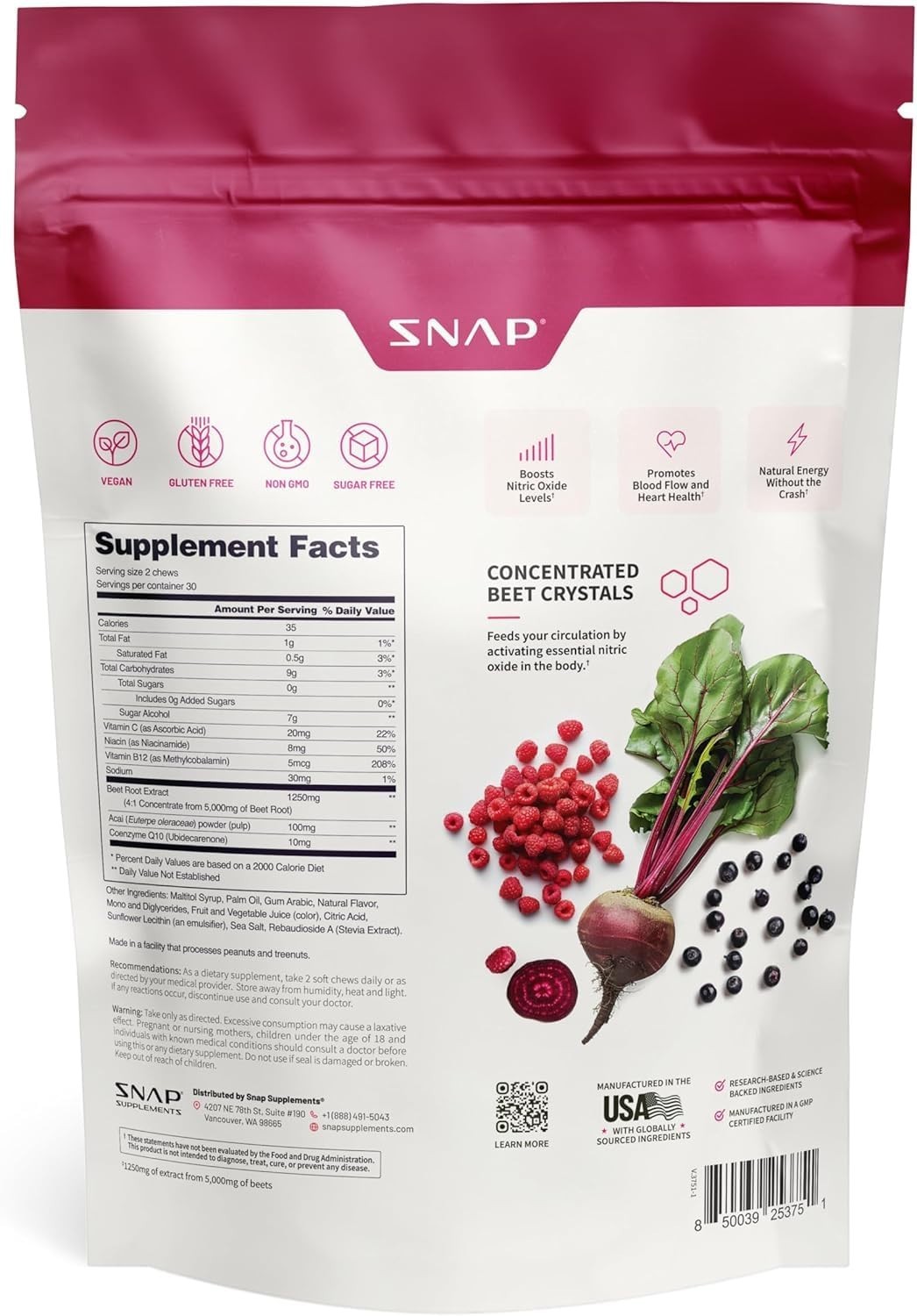 Nitric Oxide Beet Root Chews – 60 Soft Chews, Mixed Berry, 1,250mg, CoQ10 & Acai