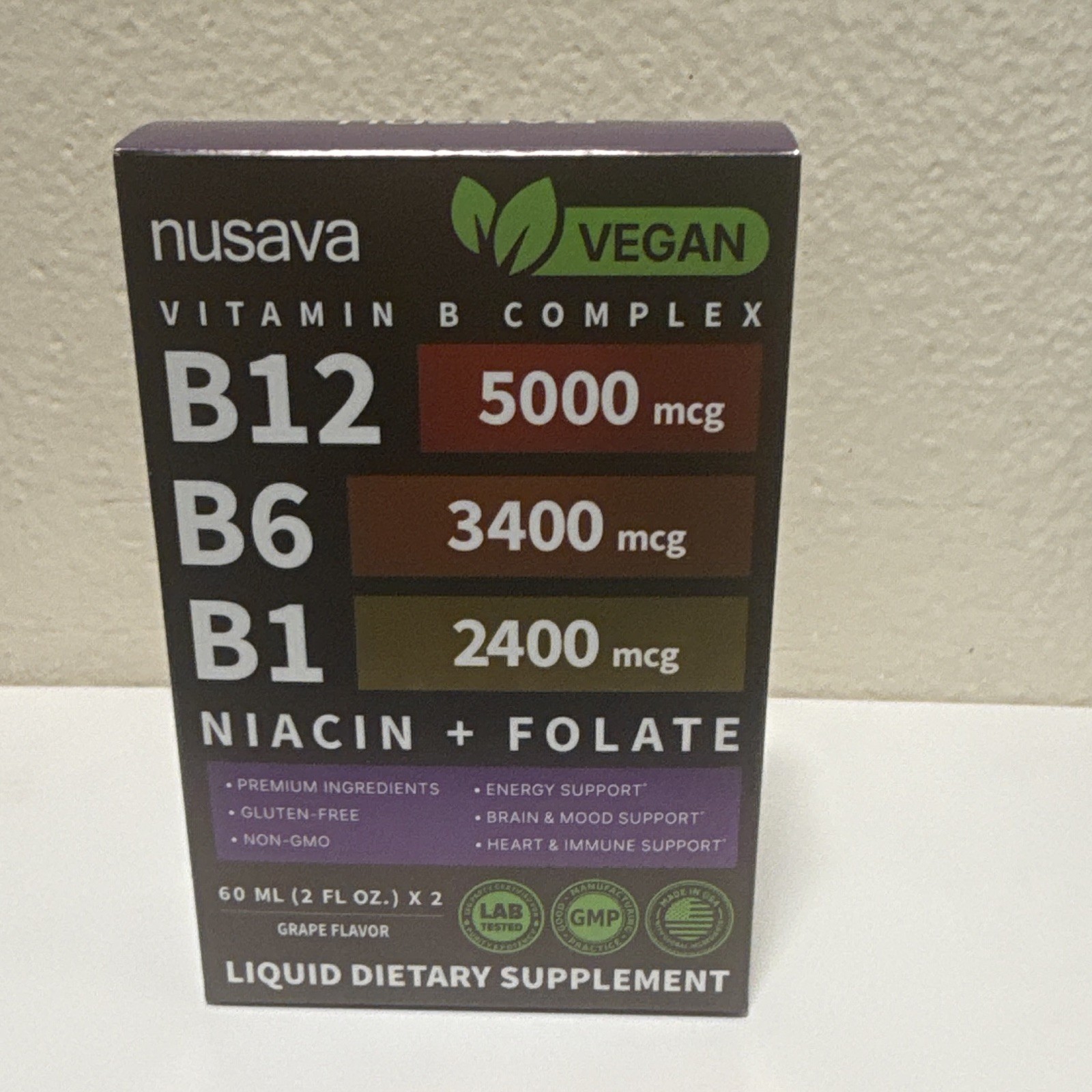 nusava Vegan Liquid Vitamin B Complex B12 5000mcg Grape 2 fl oz x2