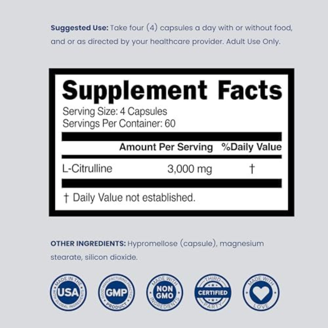 L-Citrulline 3000mg GMP Certified & Non-GMO Free Form Amino 240 Capsules