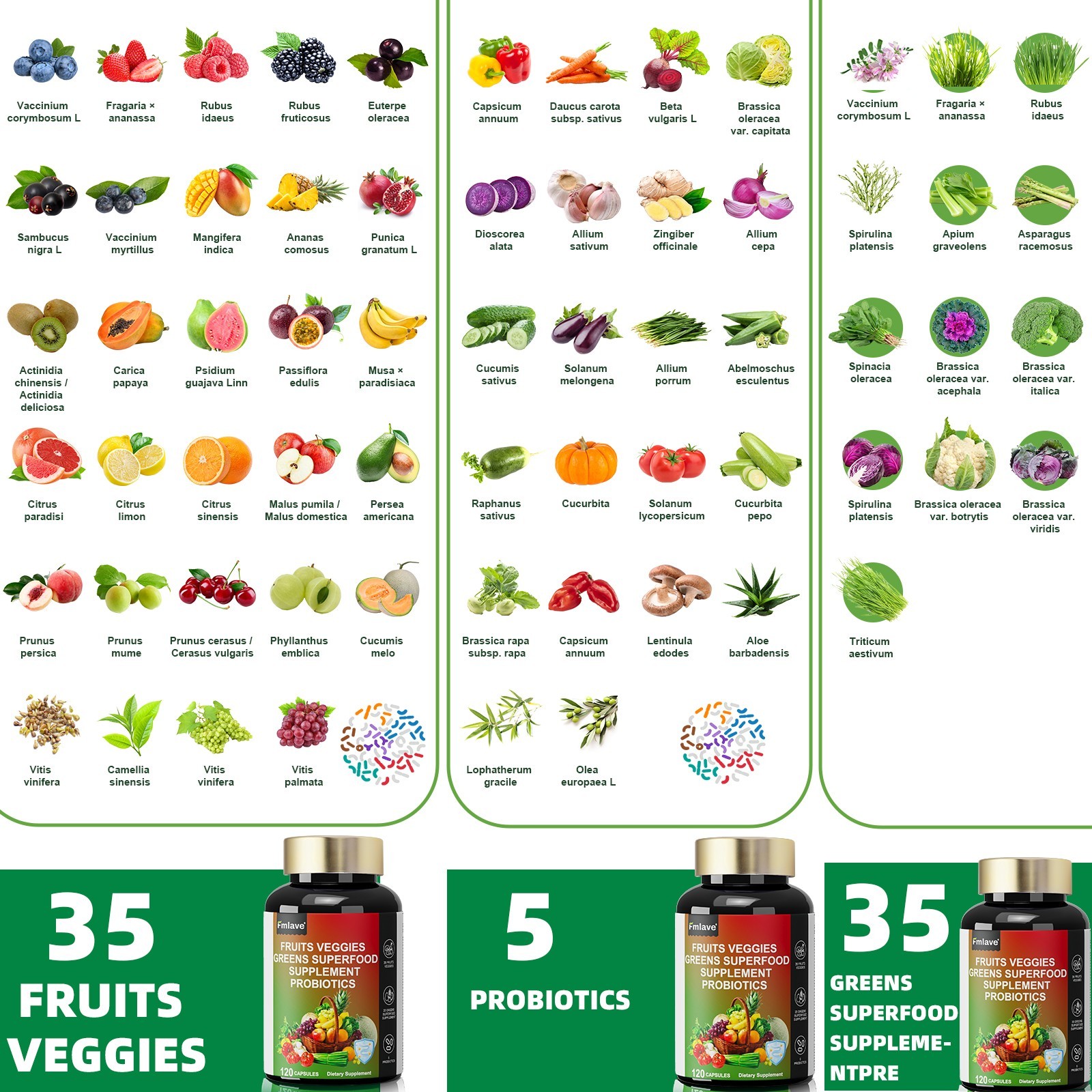 3pcs 70 Fruits and Veggies Whole Food Supplement w/ Probiotics for Gut 360 Count