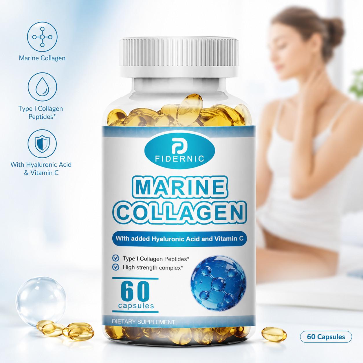 FIDERNIC Marine Collagen Hyaluronic Acid Vitamin C 60 Capsules