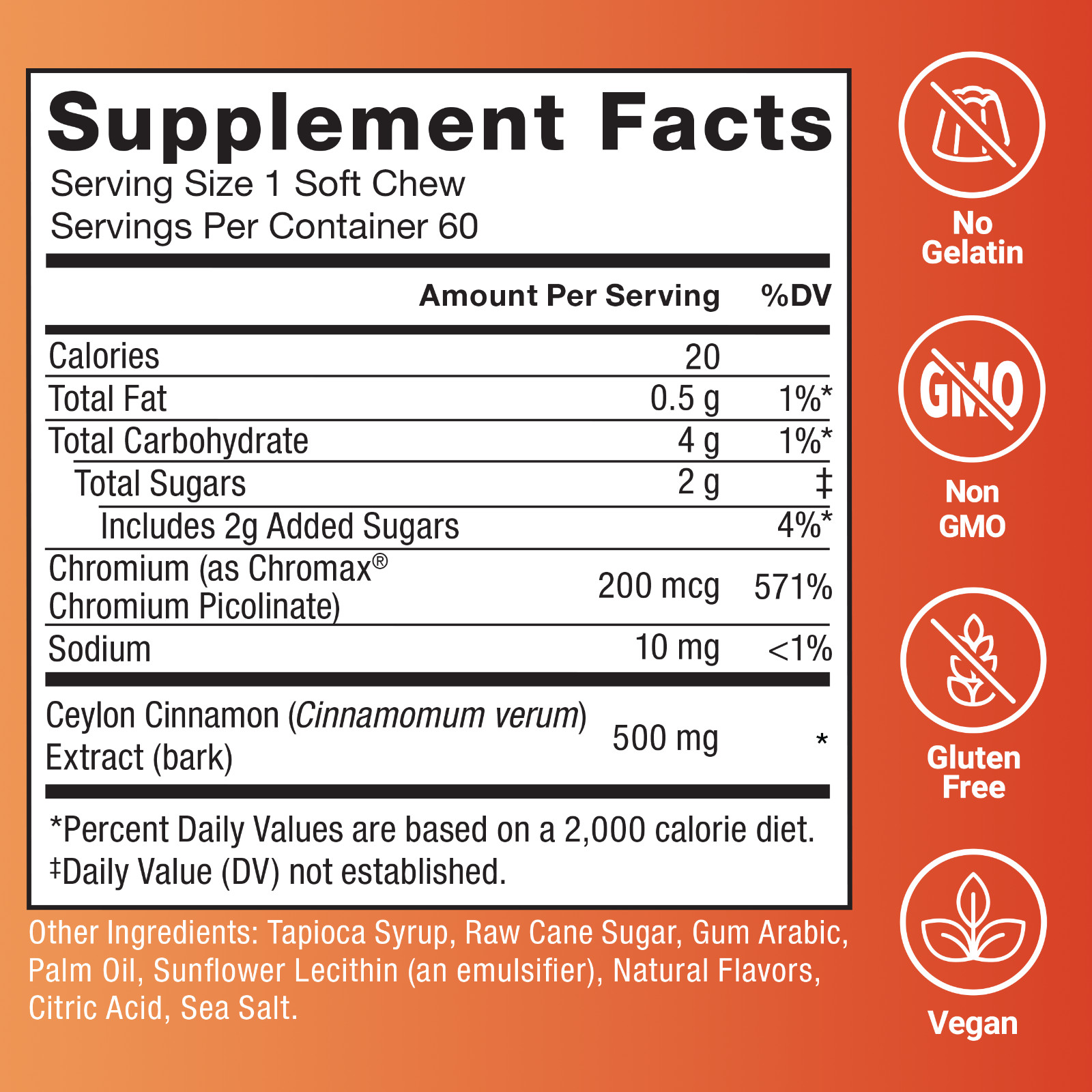 Force Factor Splendid Cinnamon Ceylon Chromium Metabolism Antioxidant 60 Chews