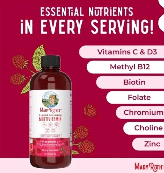 Mary Ruths Liquid Morning Multivitamin Raspberry 15.22 fl oz. EXP 11/2026Sealed