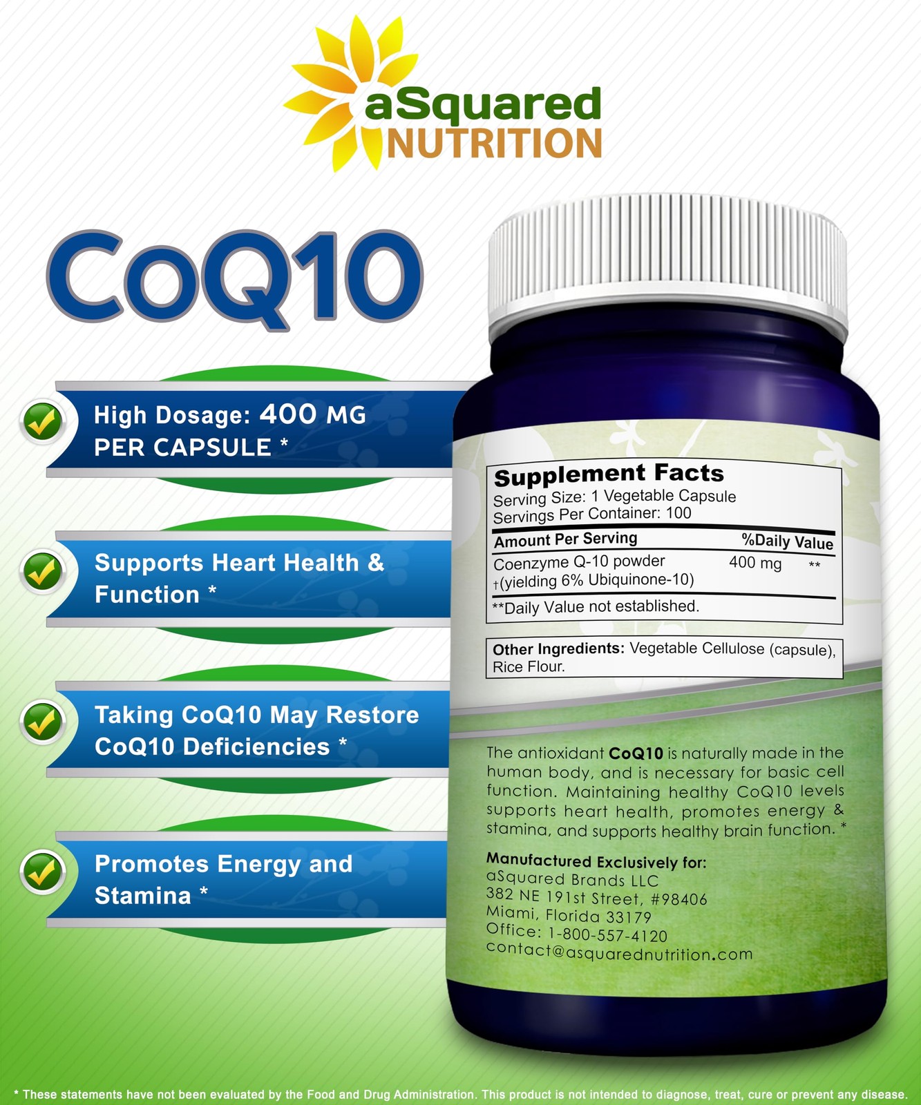 aSquared Nutrition CoQ10 (400mg Max Strength, 100 100 Count (Pack of 1)