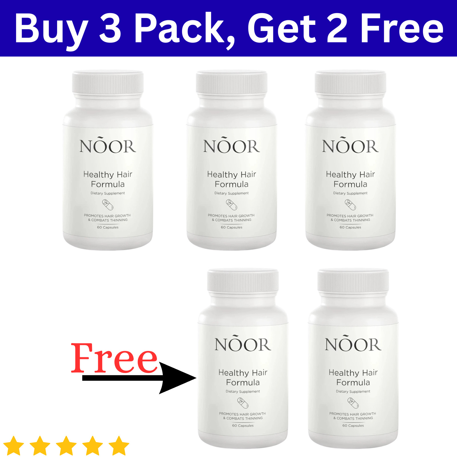 5-Pack NOOR Healthy Hair Formula – NOOR Hair Growth Support Capsules – 300Caps