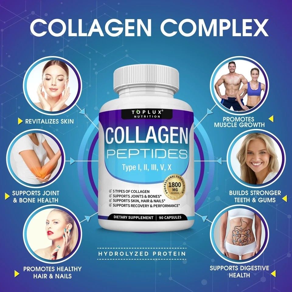 3pcs Toplux Multi Collagen Peptides 1800mg Types I II III V X 180 Capsules