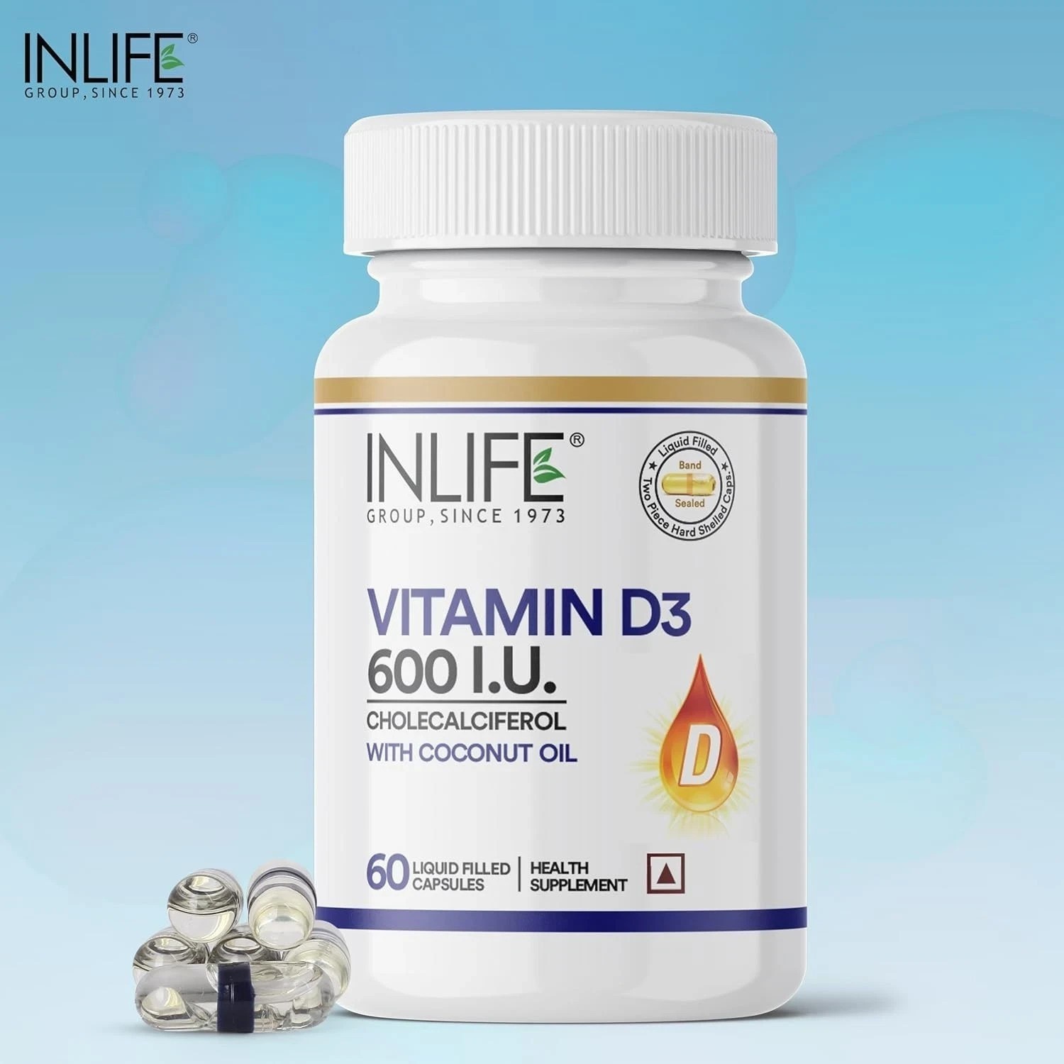 INLIFE Vitamin D3 600 IU Cholecalciferol Supplement with Coconut Oil 60N U815