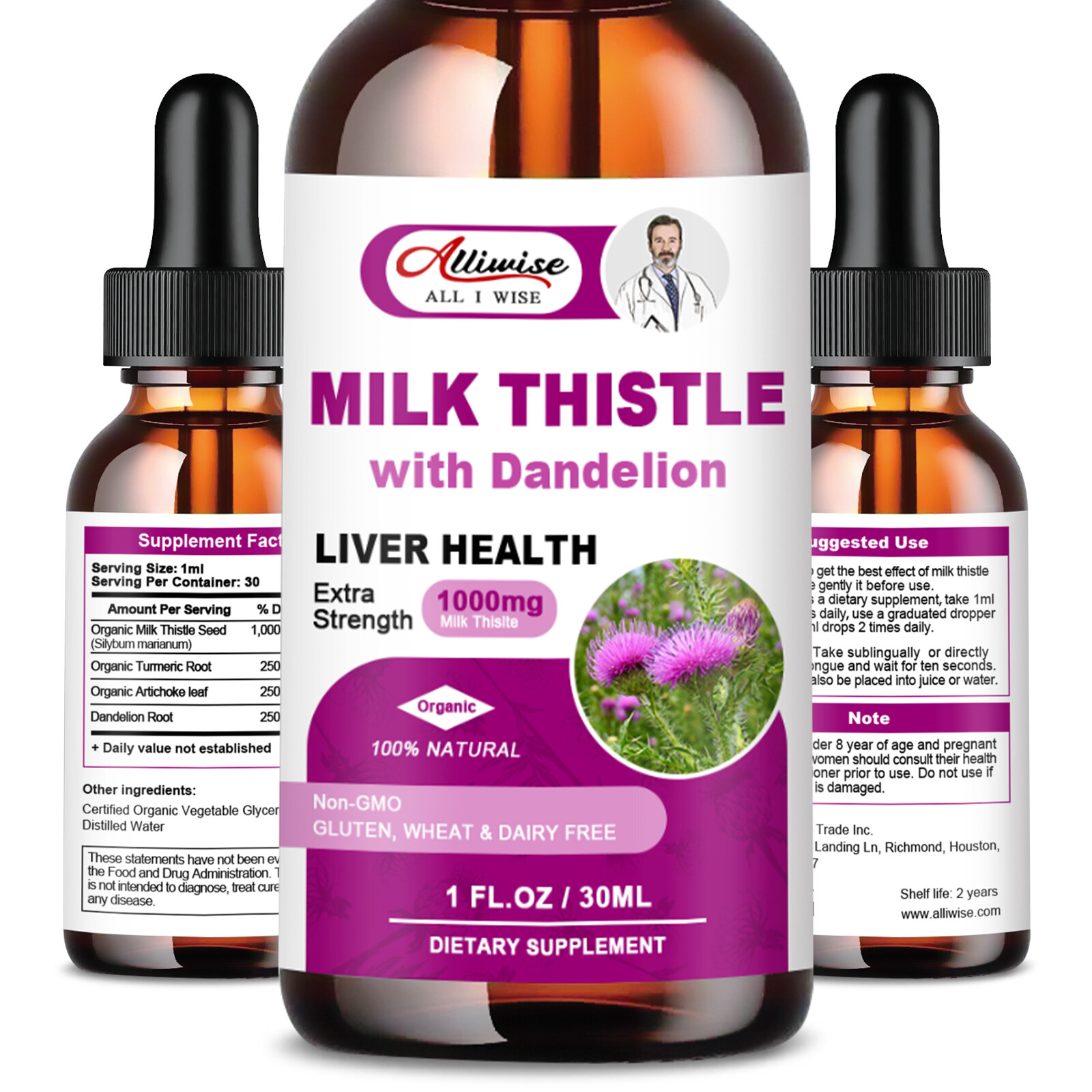 2Packs Milk Thistle Liquid Drop,Dandelion Root,Liver Cleanse Immune Support 30ml