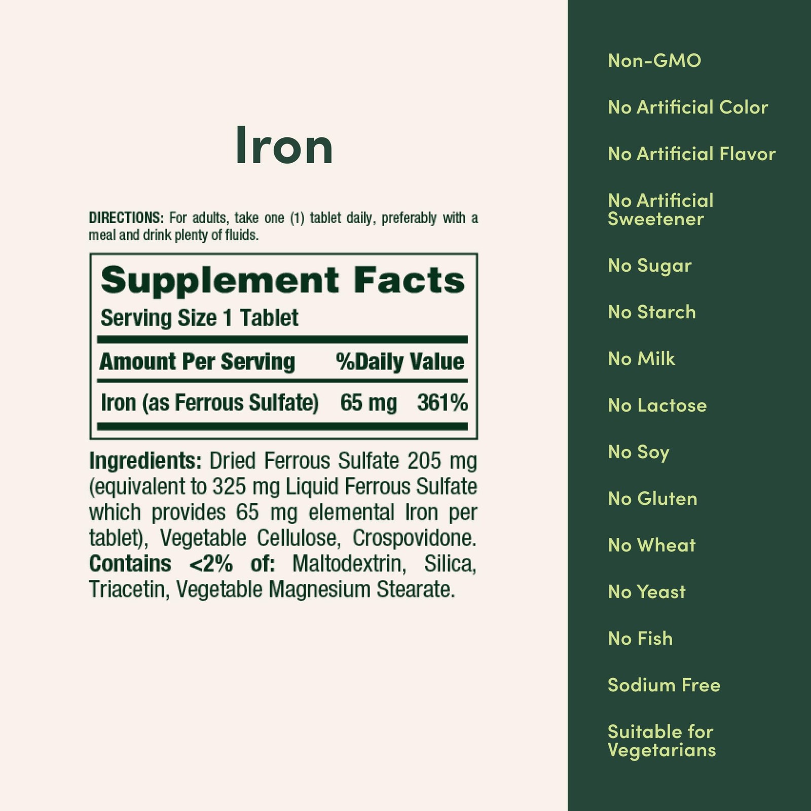 Nature’s Bounty Iron 65mg, 325 mg Ferrous 100 Count (Pack of 1), Green