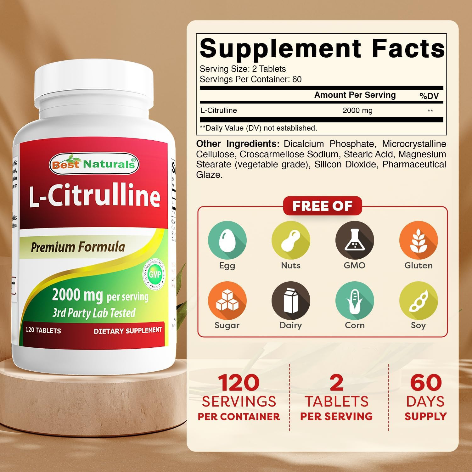L-Citrulline 2000Mg/Serving – Non-Gmo – Gluten Free – 120 Tablets (120 Count (P