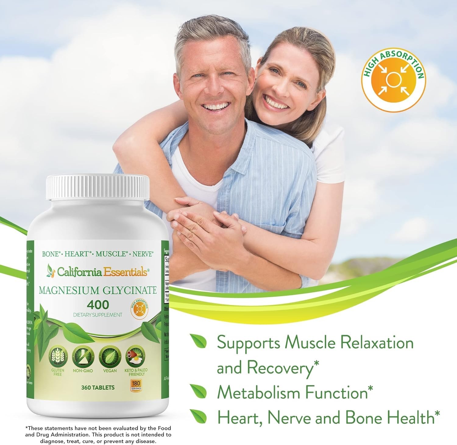 MAGNESIUM GLYCINATE BONE HEART HEALTH MUSCLE AND NERVE HEALTH 400mg FREE SHIP