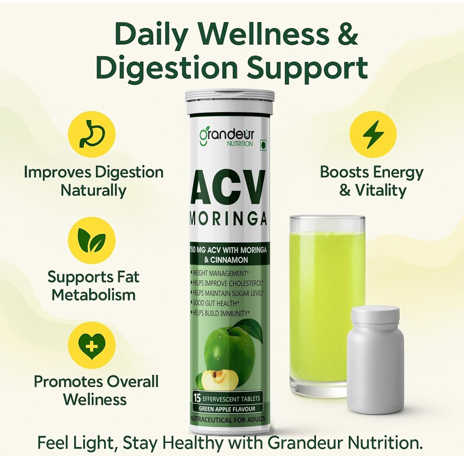Grandeur ACV Moringa For Weight Management, Apple Cider Vinegar 15 Tablets Pack4