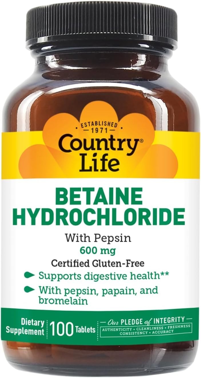 High-Purity 600mg Betaine Hydrochloride with Pepsin – 100 Hypoallergenic Tablets