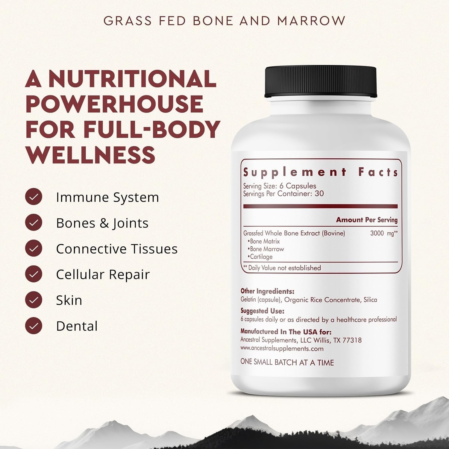 Ancestral Supplements Grass Fed Beef Bone and Marrow Supplement 3000mg 180 Caps