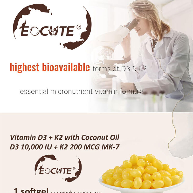 Vitamin D3 10000 iu Plus K2 (MK-7) 200 mcg coconut oil soft 180/300 capsules US
