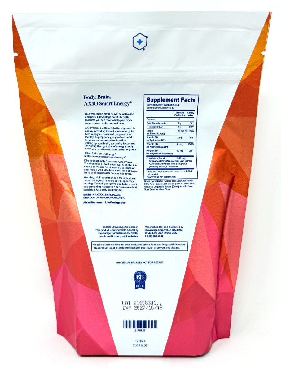 AXIO Decaf Smart Energy for Brain & Body: Red Raspberry 30 Packets – EXP 10/2027