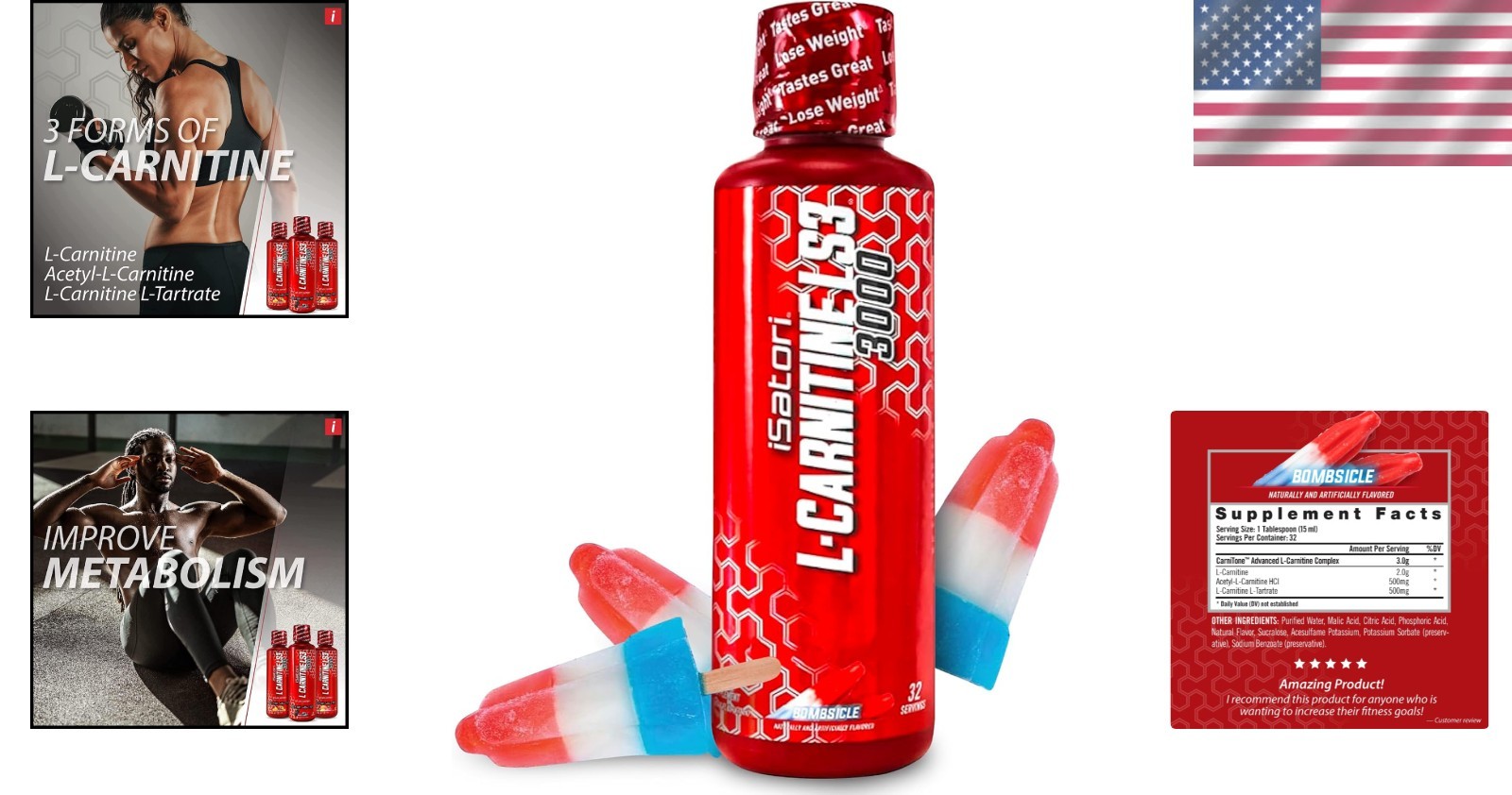 L-Carnitine LS3 3000, 32 Servings Liquid Energy Booster, Keto-Friendly Bombsicle
