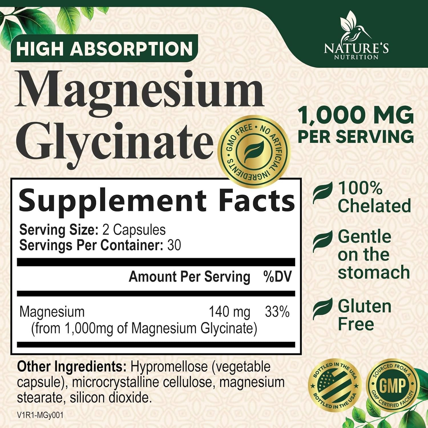 Magnesium Glycinate 1000mg – Chelated for 60 Count (Pack of 1)