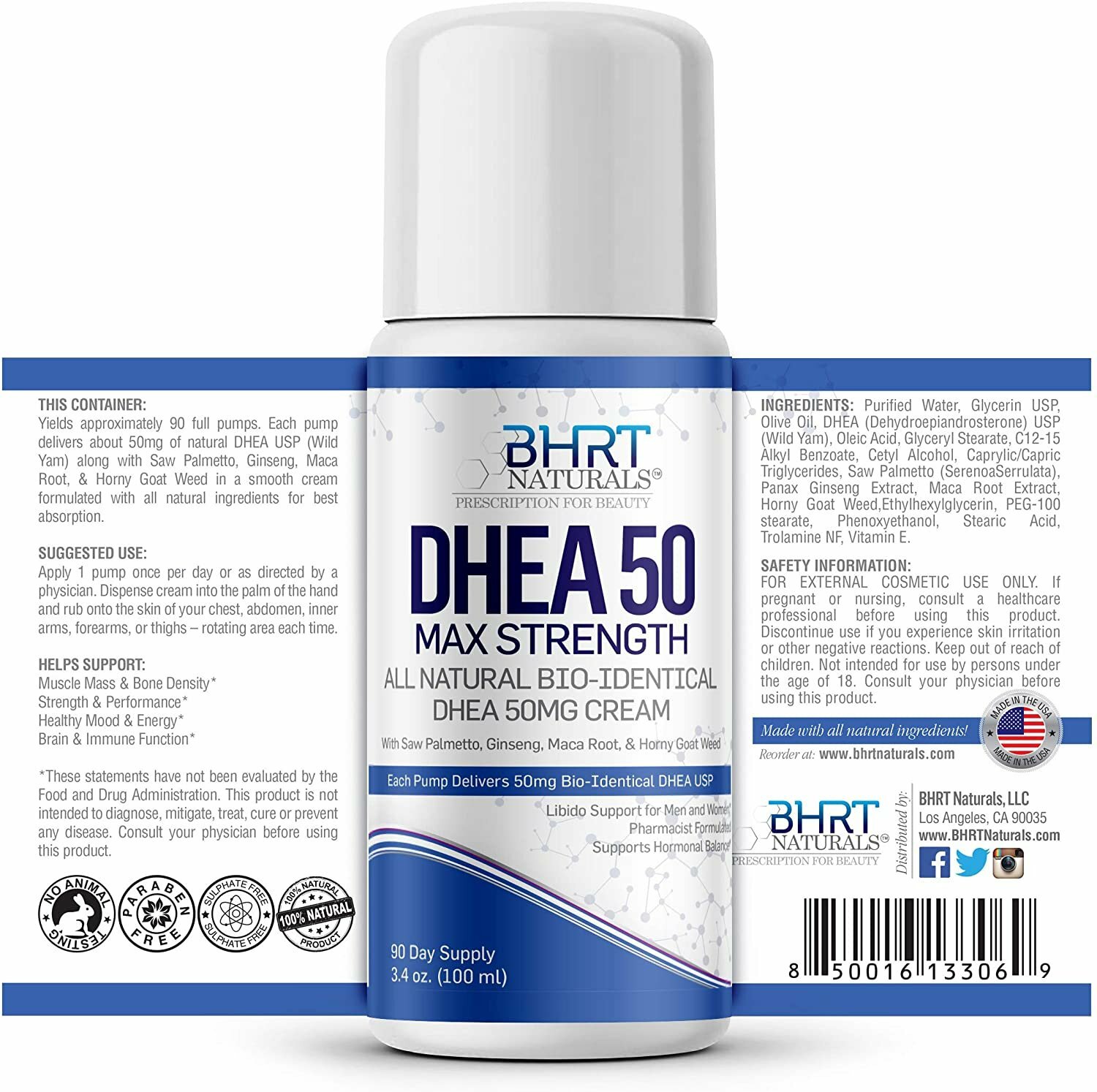 DHEA Cream 50mg for Men & Women Bioidentical DHEA USP, Natural Energy Supplement
