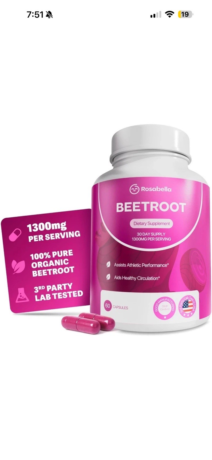 Rosabella Organic Beet Root Capsules for Circulation and Vitality Support60ct