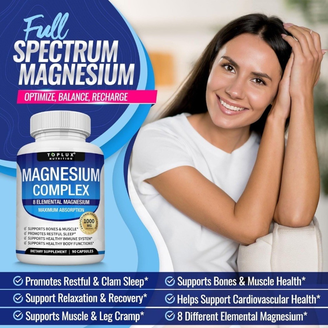 Magnesium Complex 1000mg fast shipping 8 Elemental Magnesium Gluten Free Non-GMO