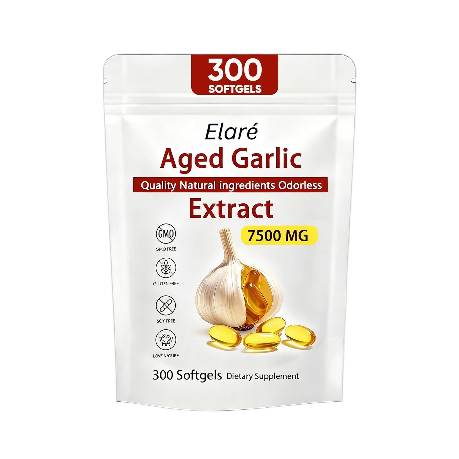 1 PACK Elare Aged Garlic Extract, 300 Softgels, 7500mg Odorless | Heart & Immune