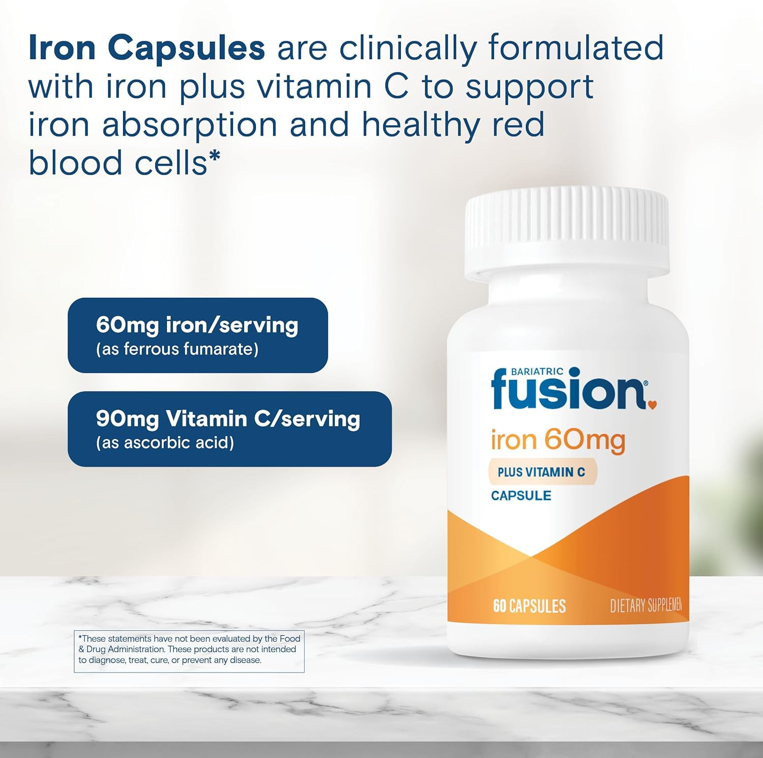 Iron Supplement 60Mg with Vitamin C | Easy to Swallow Capsule | Ferrous Fumar…