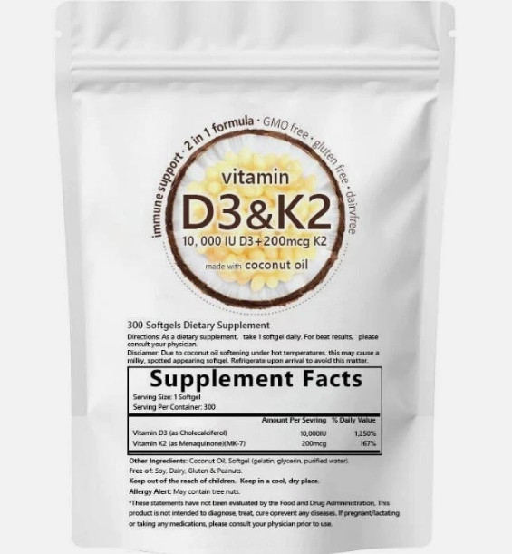 Vitamin D3 10000 iu Plus K2 (MK-7) 200 mcg, 300 Virgin Coconut Oil Softgels