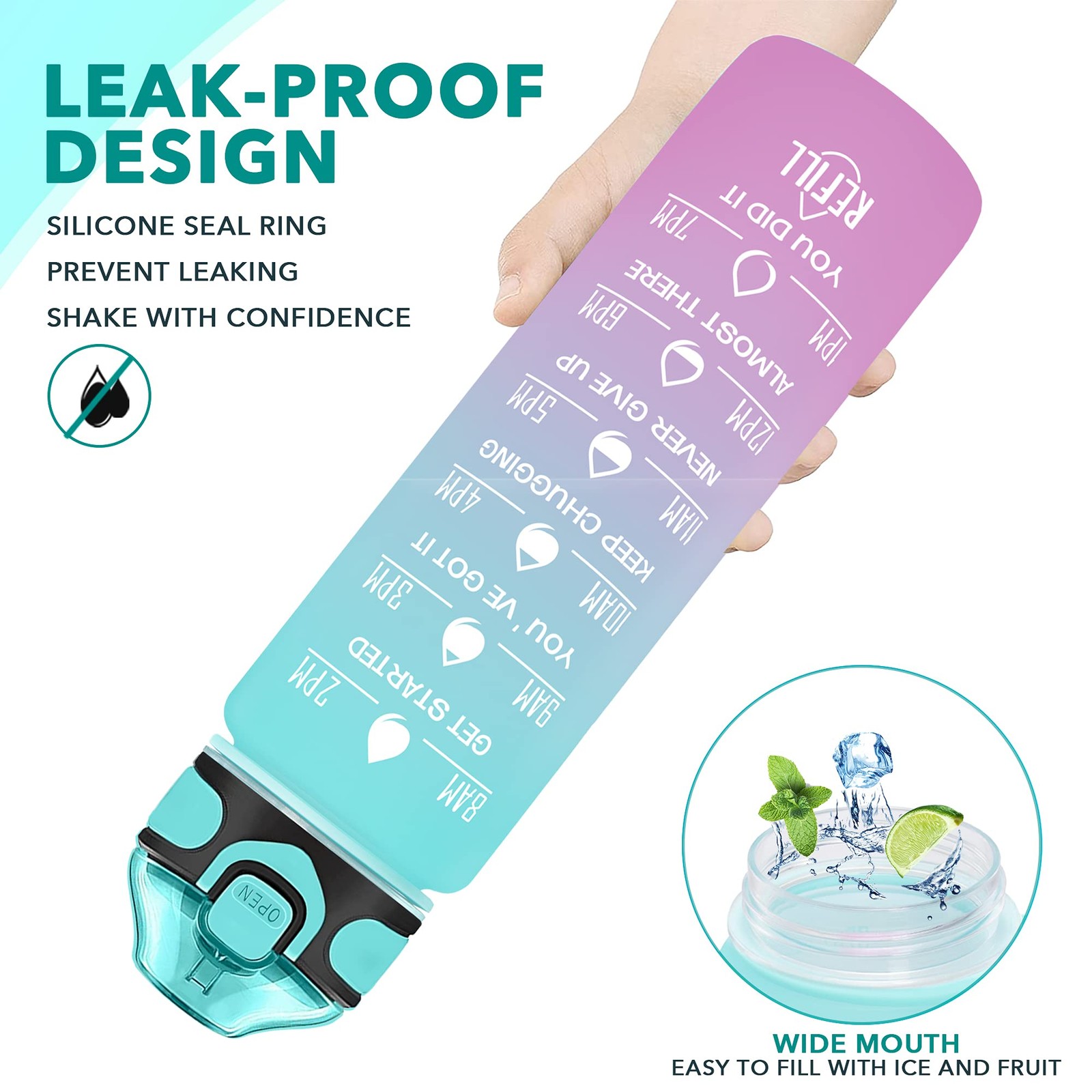 Enerbone 32 oz Drinking Water Bottle with Times to 32 Ounces, Green-Purple