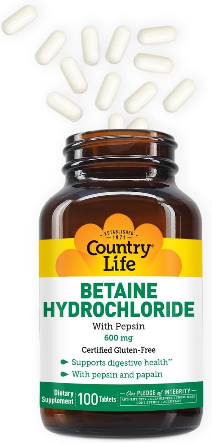 High-Purity 600mg Betaine Hydrochloride with Pepsin – 100 Hypoallergenic Tablets