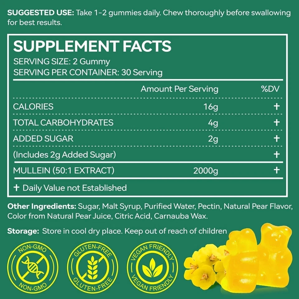 60 Count Mullein Gummies for Lung Cleanse, 2000mg Organic Mullein Leaf Extract f
