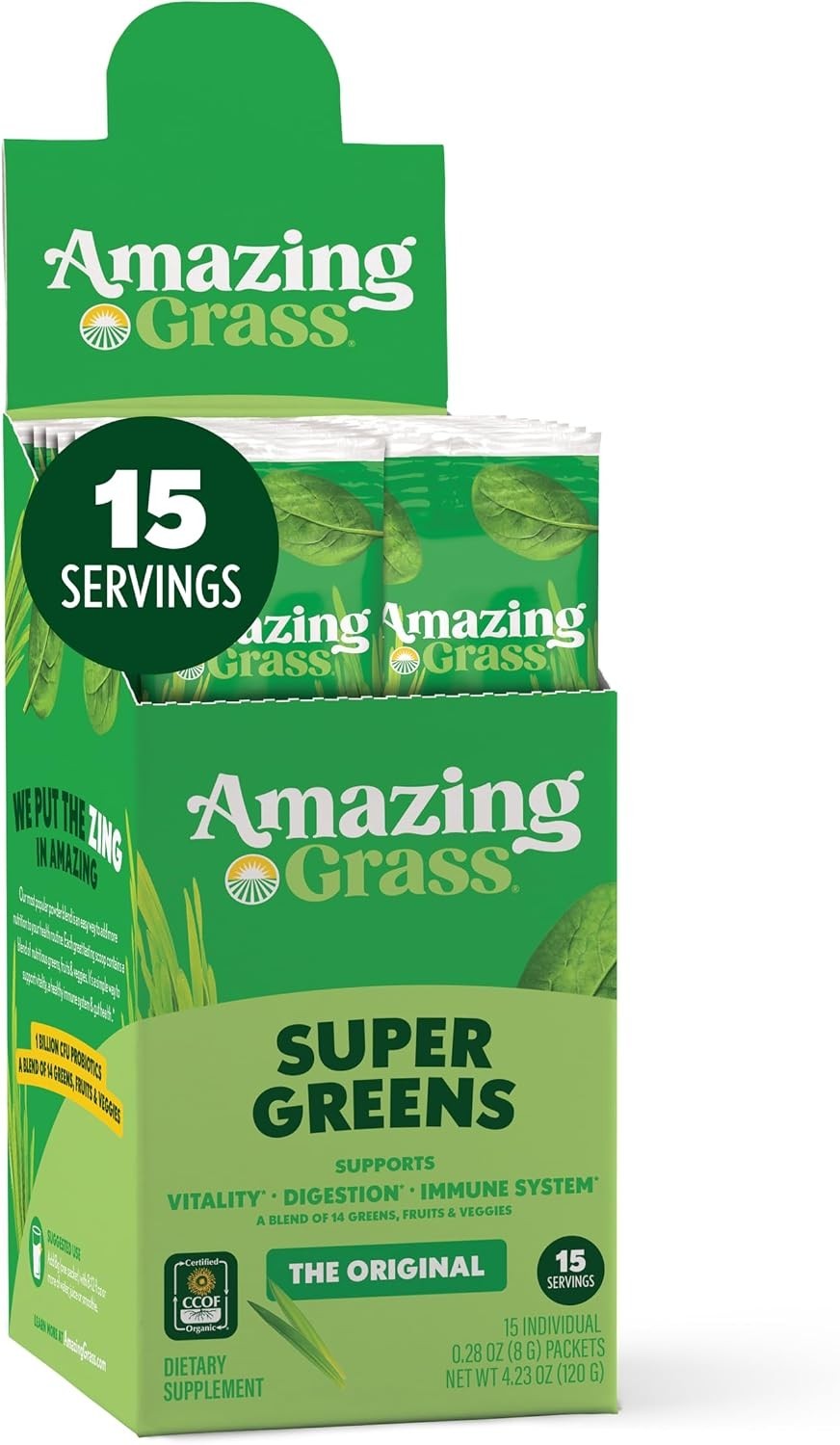 Amazing Grass Super Greens On-The-Go, 15 Packets, Organic Superfood, Travel Size