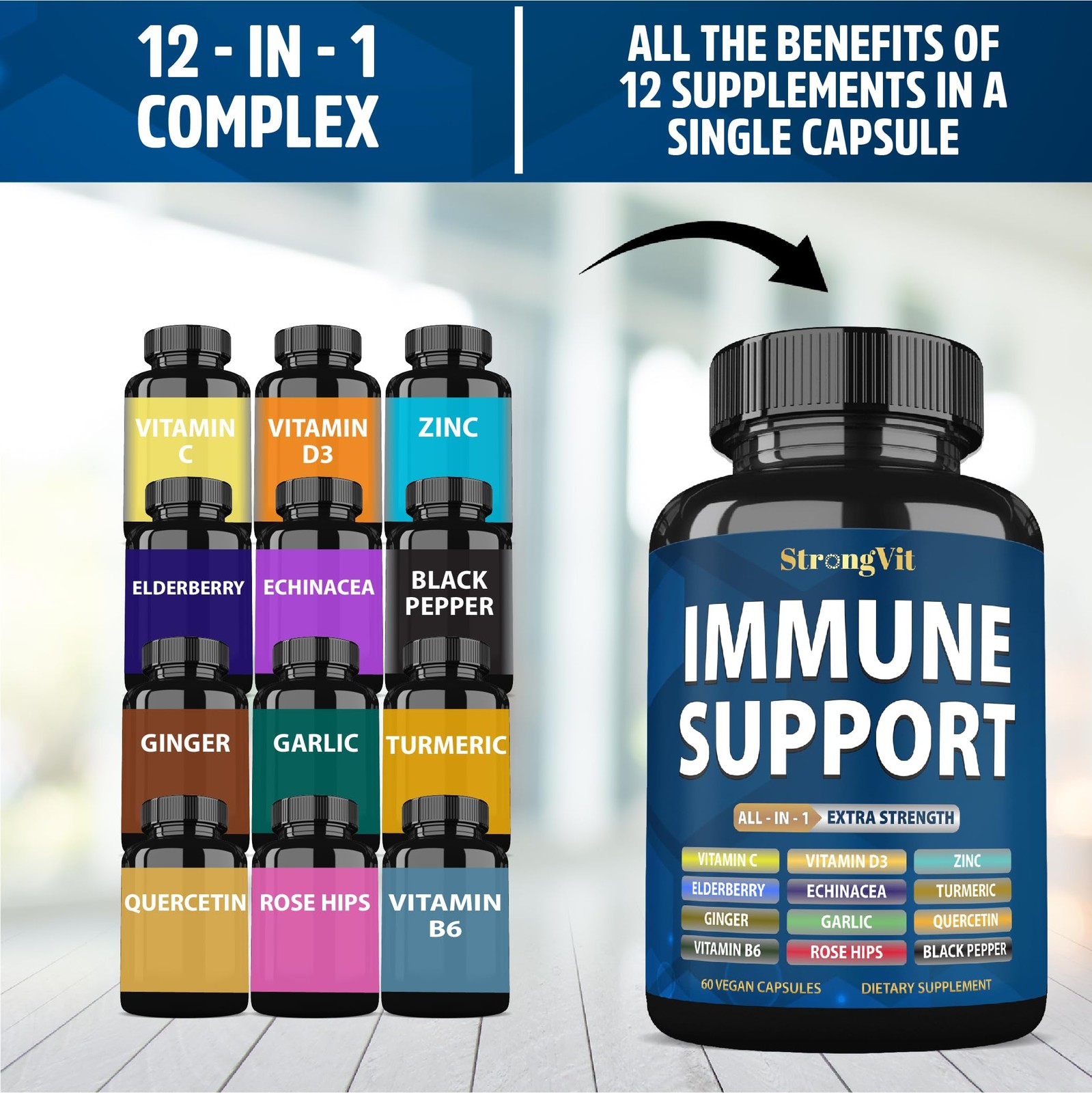 StrongVit Immune Support Supplement 12 in 1 Complex with 60 Count (Pack of 1)