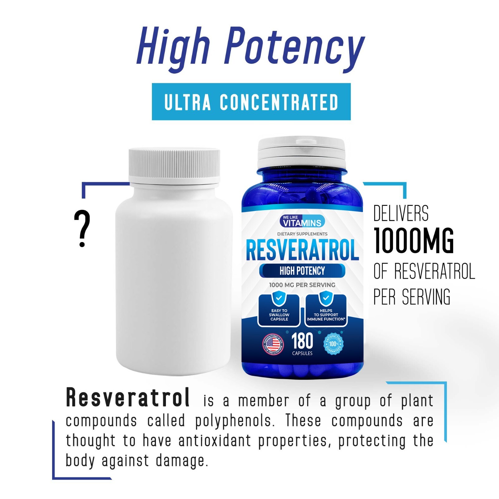 Resveratrol Capsules 1000mg Serving 180 Capsules Anit-Aging and Cardiovascular