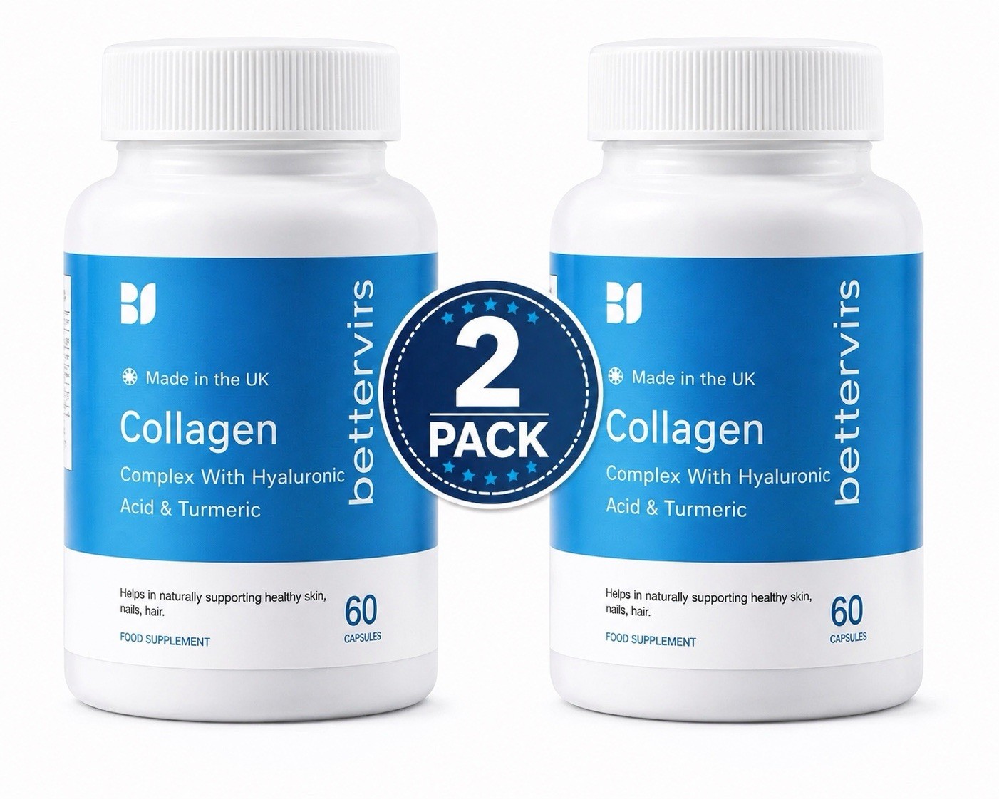 2 Pack BetterVits Collagen Complex 60 Hyaluronic Acid Turmeric Skin Hair Nails