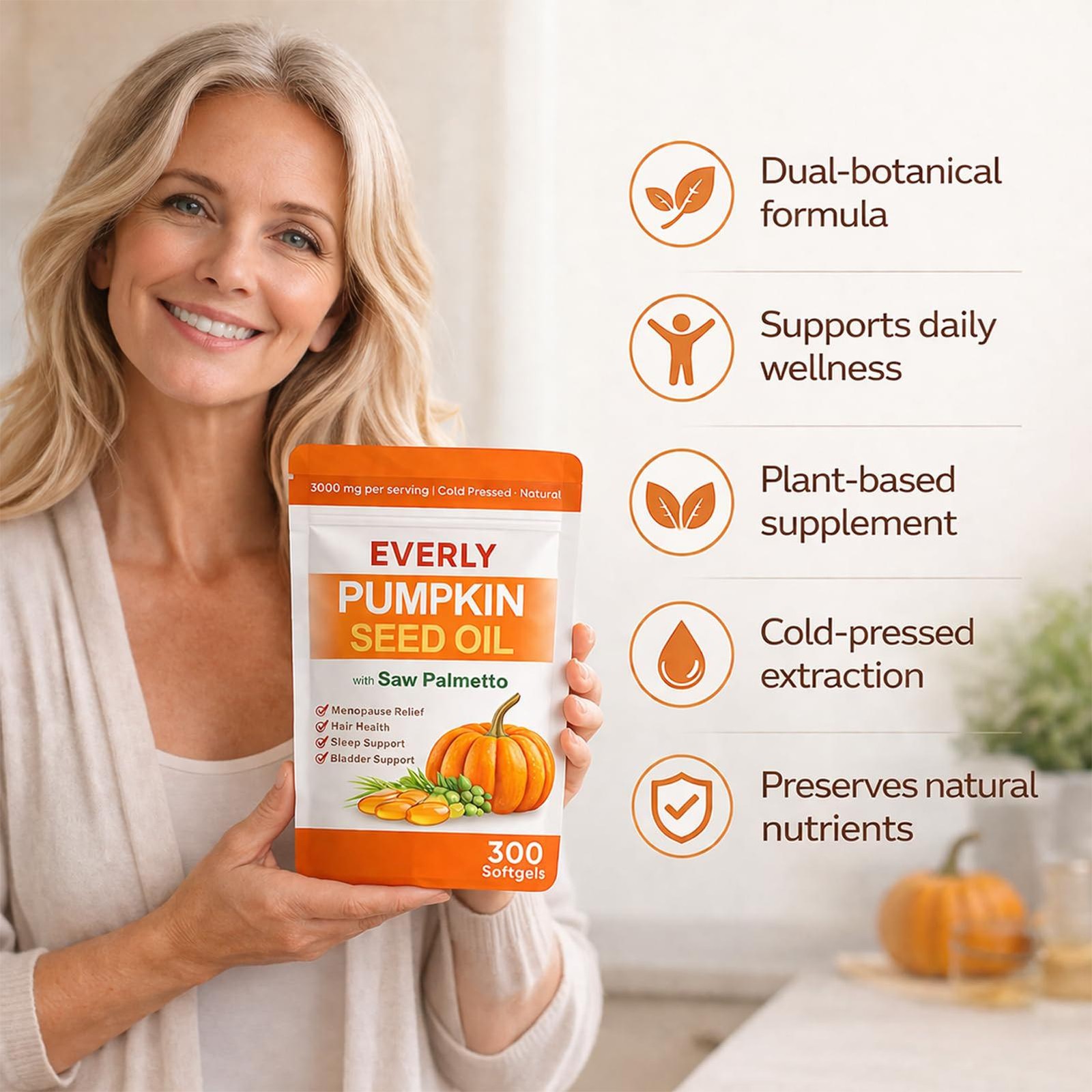 Everly Pumpkin Seed Oil with Saw Palmetto, 300 Softgels, Cold Pressed Pumpkin Se