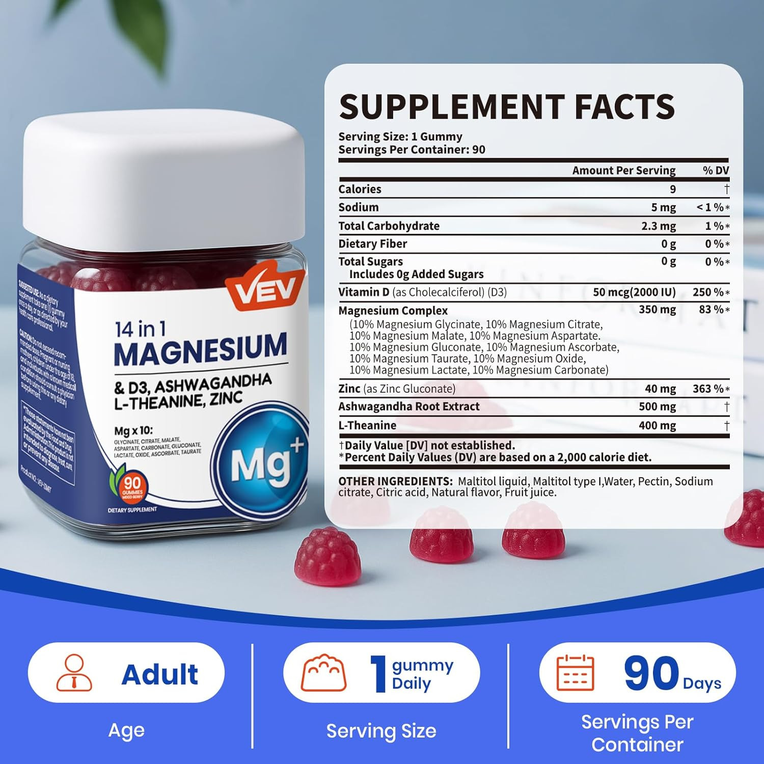 VEV Magnesium Citrate and Glycinate Gummies for Adults 14 in 1 Magnesium and d3,
