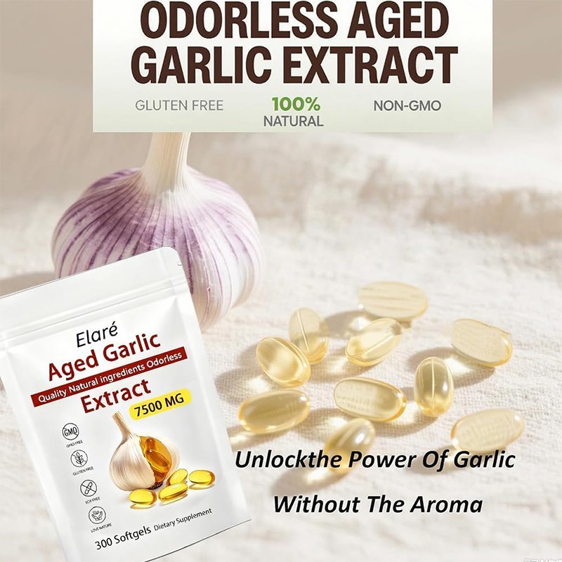 Elare Aged Garlic Extract 300 Softgels, 7500mg Odorless | Heart & Immune US 9Pcs