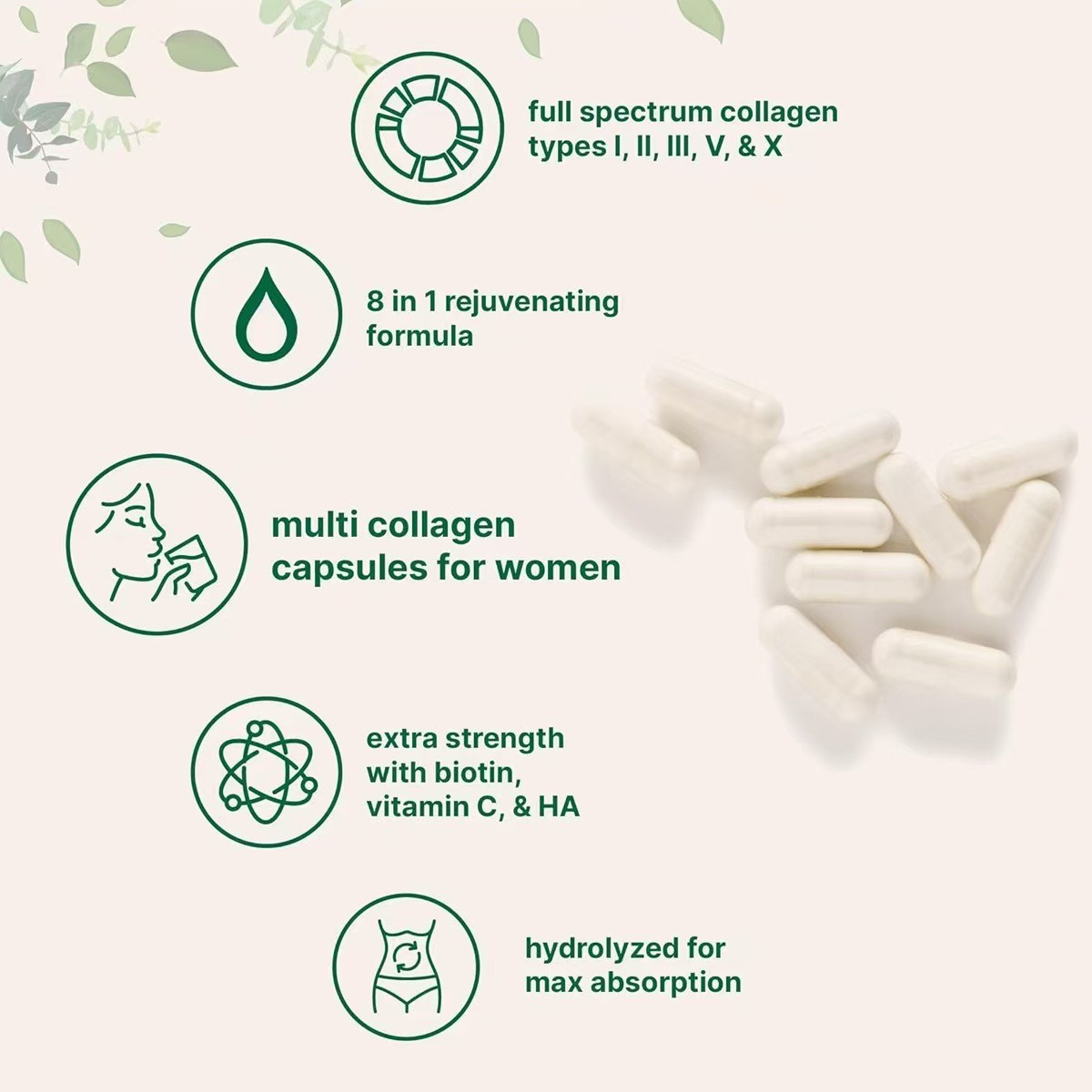 Multi Collagen Capsules with Vitamin C, Biotin & Protein Complex Formula Women