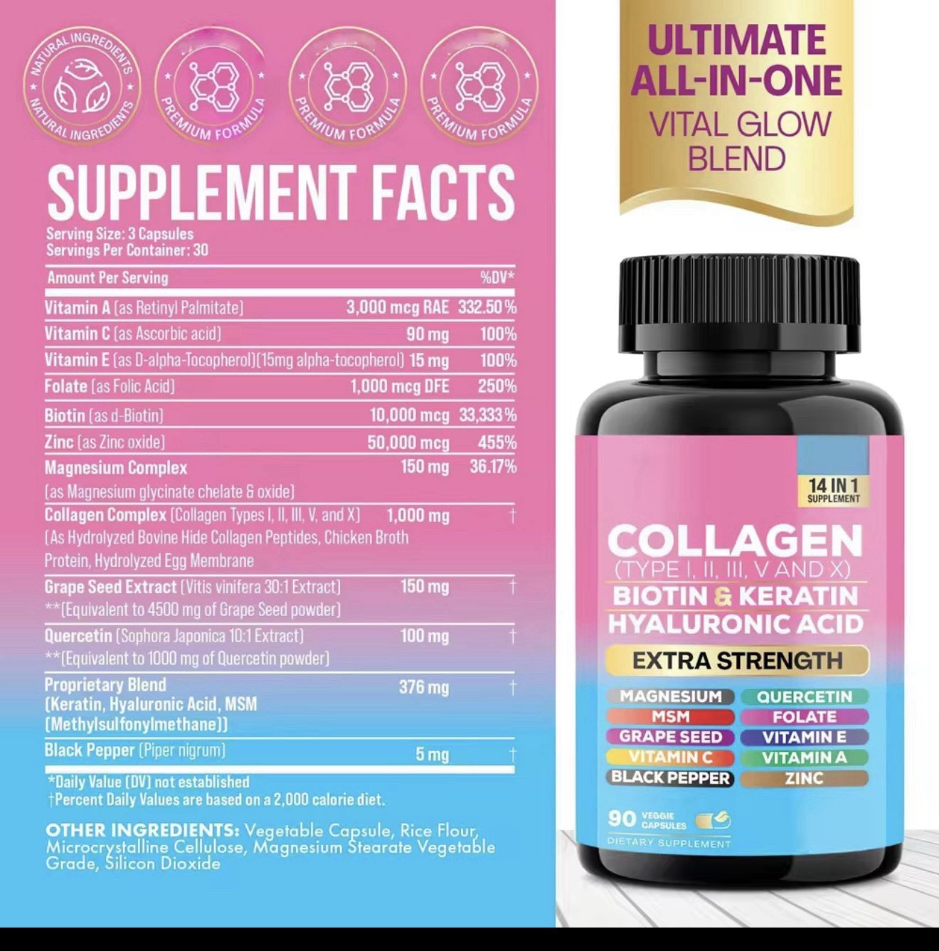 Collagen Peptides Types I, II, III, V & X MCG Biotin Keratin Hyaluronic Folate