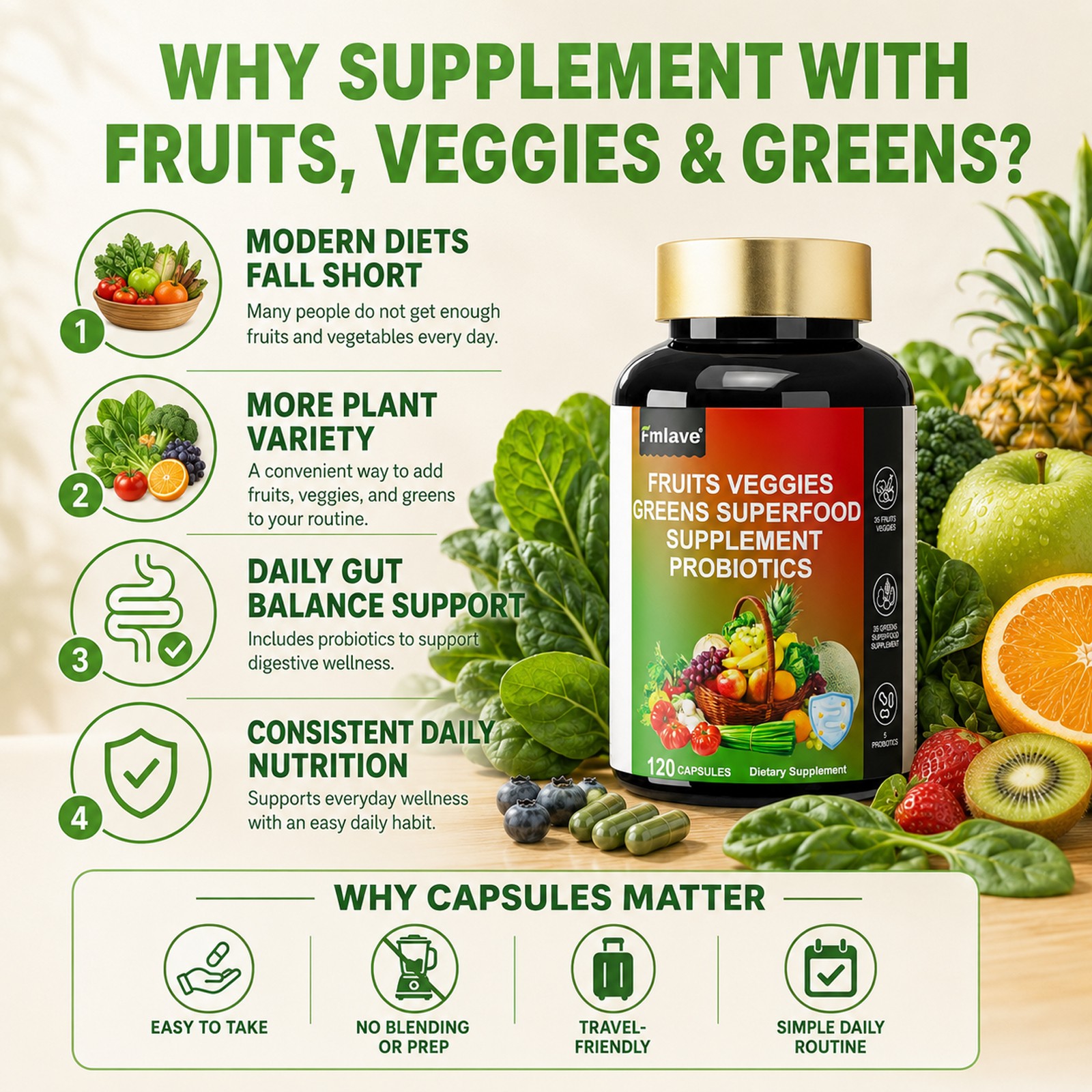 3pcs 70 Fruits and Veggies Whole Food Supplement w/ Probiotics for Gut 360 Count