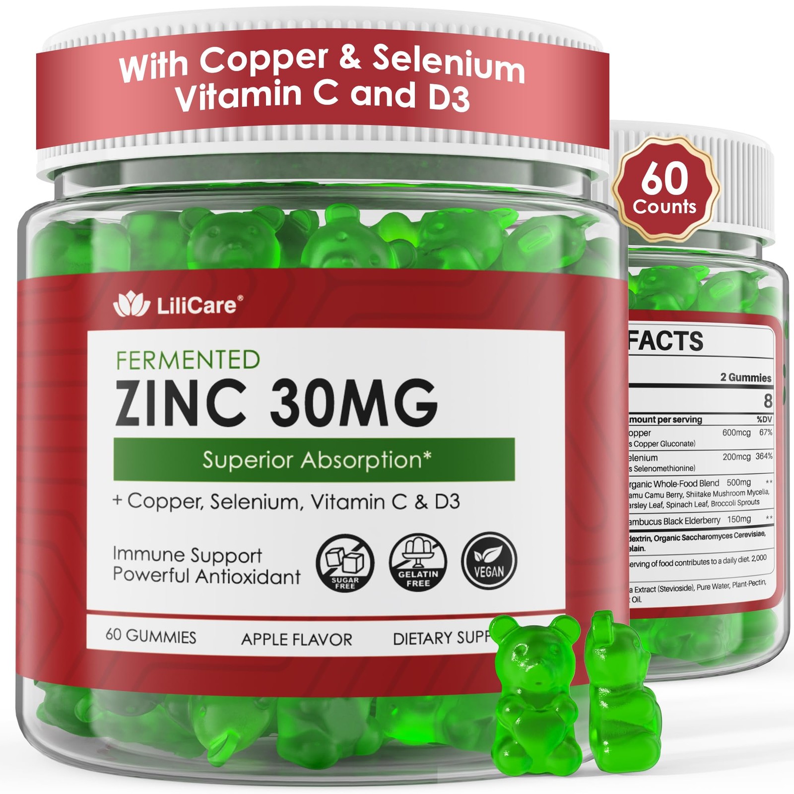 Zinc Gummies + Copper, Selenium, Vitamin C & D3, 60 Count (Pack of 1)