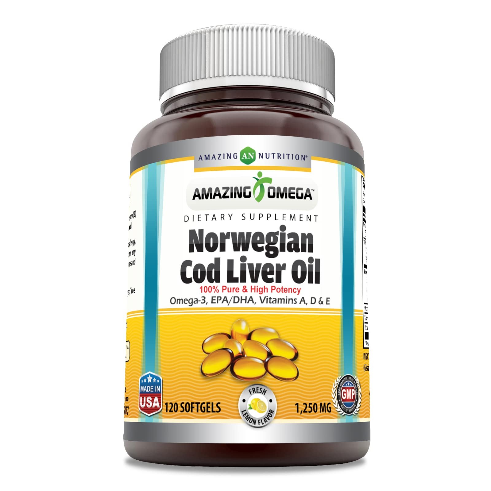 Norwegian Cod Liver Oil 1250Mg Softgels Non Gmo Gluten Free 120 Count