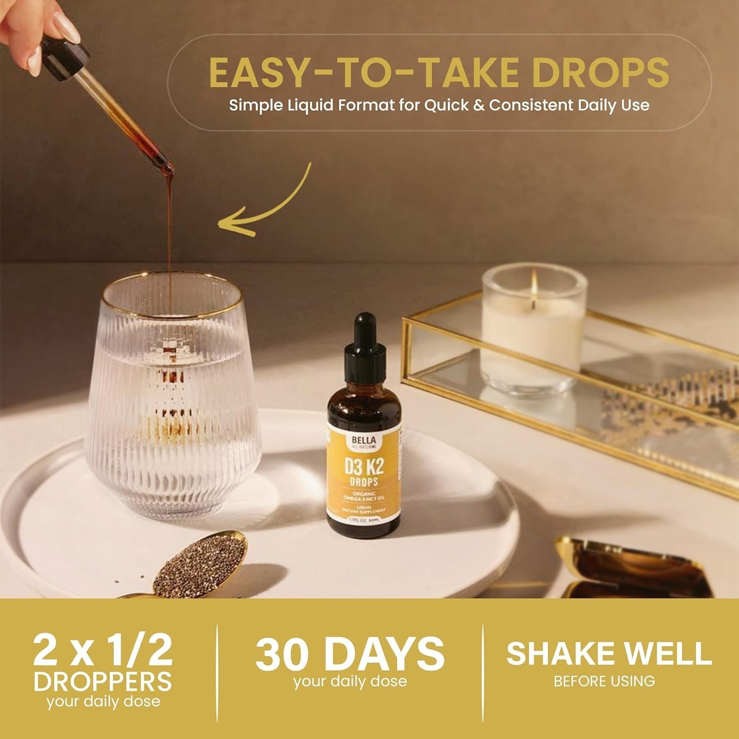 Bella Vitamin D3 K2 Liquid Drops 5000 IU Bone Immune Heart Health Supplement