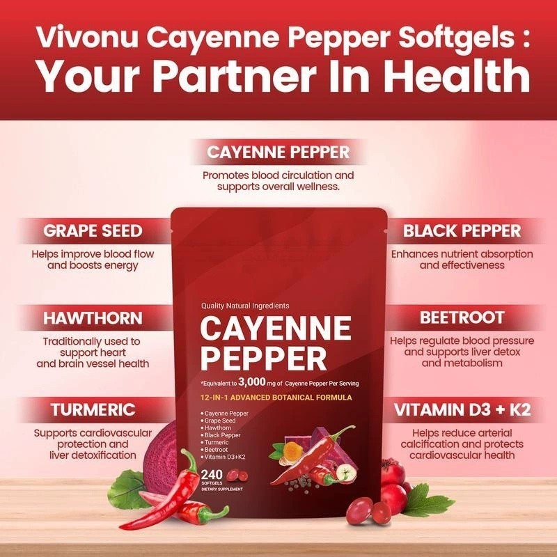 Pepper Cayenne Softgels Supplement, Supports Leg Vein, 240 Softgels /1Bag